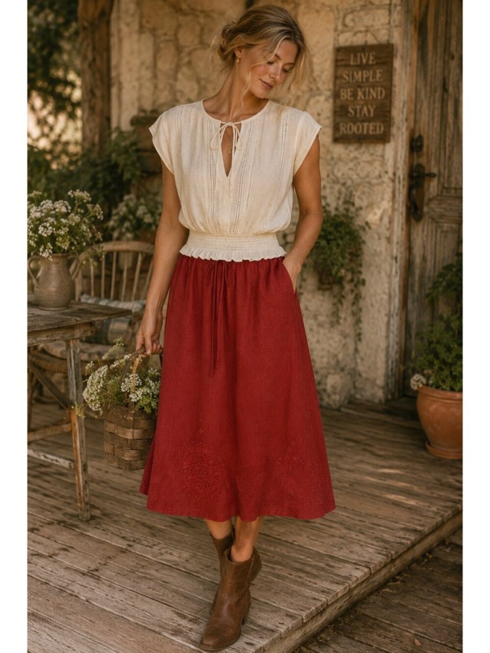 Richard Malcolm Red Linen Embroidered Midi Skirt Size 14 Boho Cottagecore